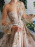 A Line Scoop Appliques Long Sleeves Tulle Champagne Prom Dresses LBQ3157